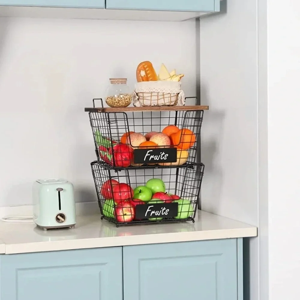 NIB 2 Stackable Wire Storage Baskets with Wood Lid and Chalkboards